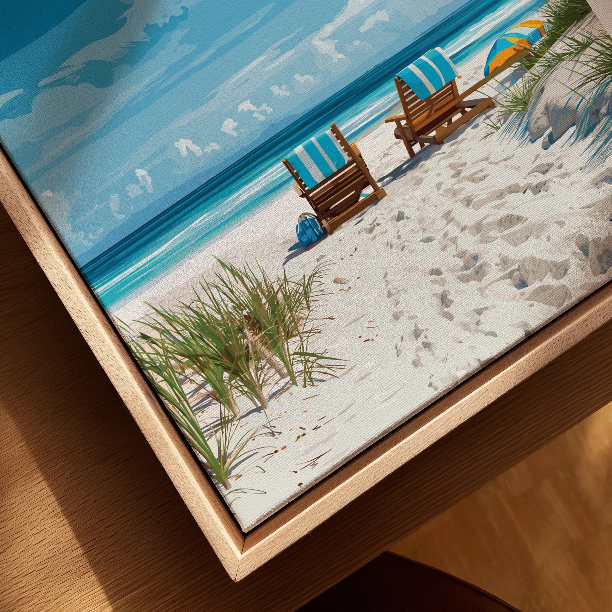 Framed canvas wall art of a beach scene with chairs, sand, and blue ocean.