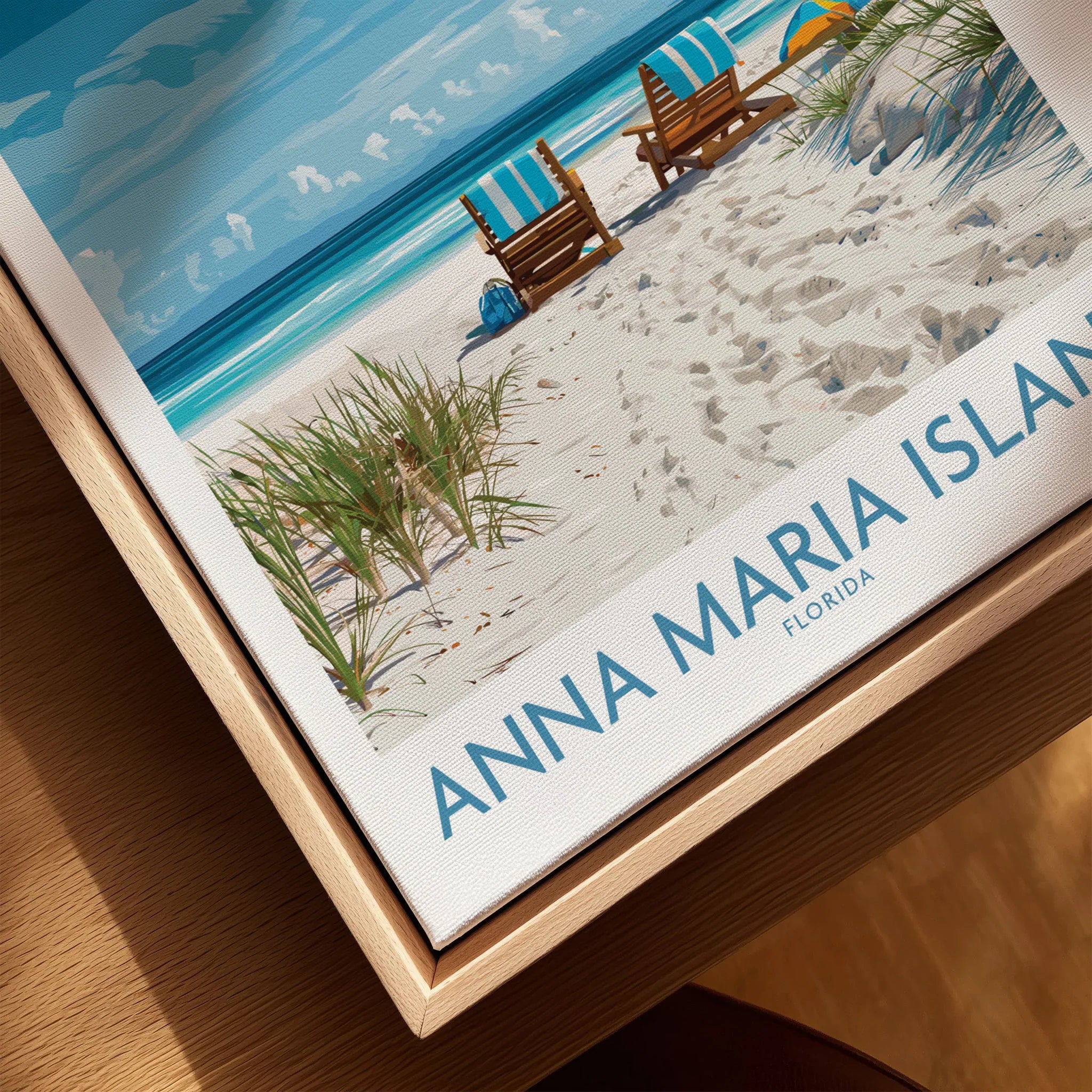 Anna Maria Island beach travel poster in natural wood floating frame, coastal wall art
