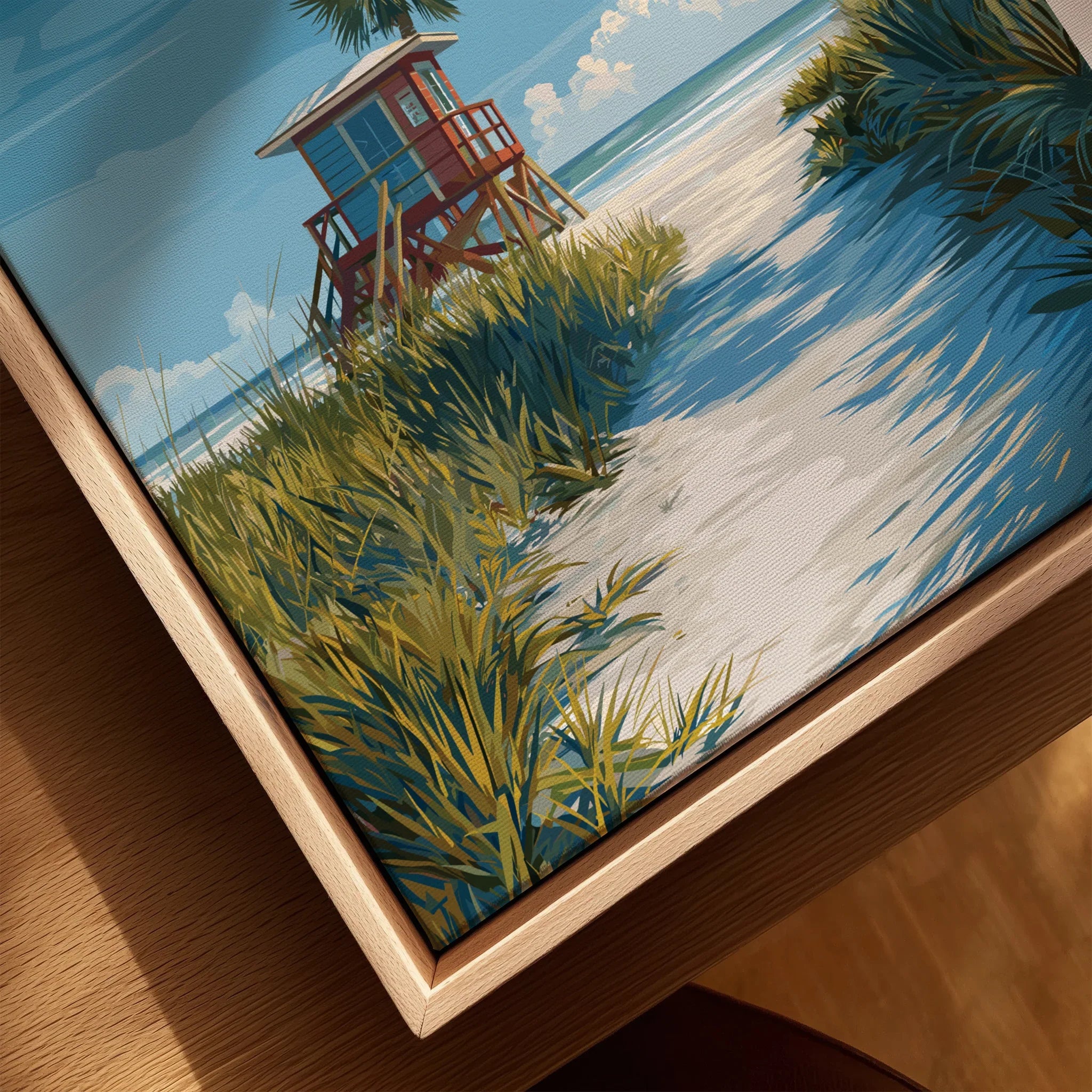 Coastal art print with lifeguard tower in natural wood floating frame, beach wall decor
