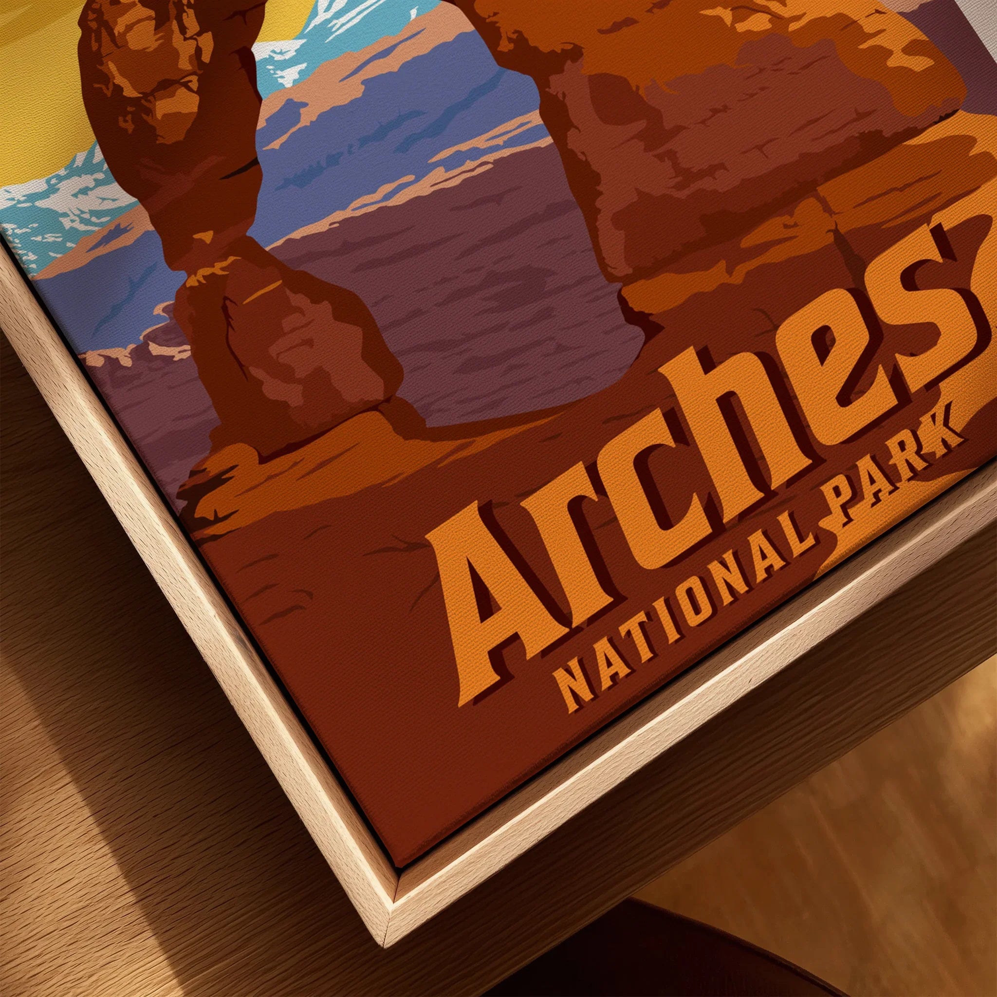 Arches National Park travel poster closeup in a natural wood floating frame