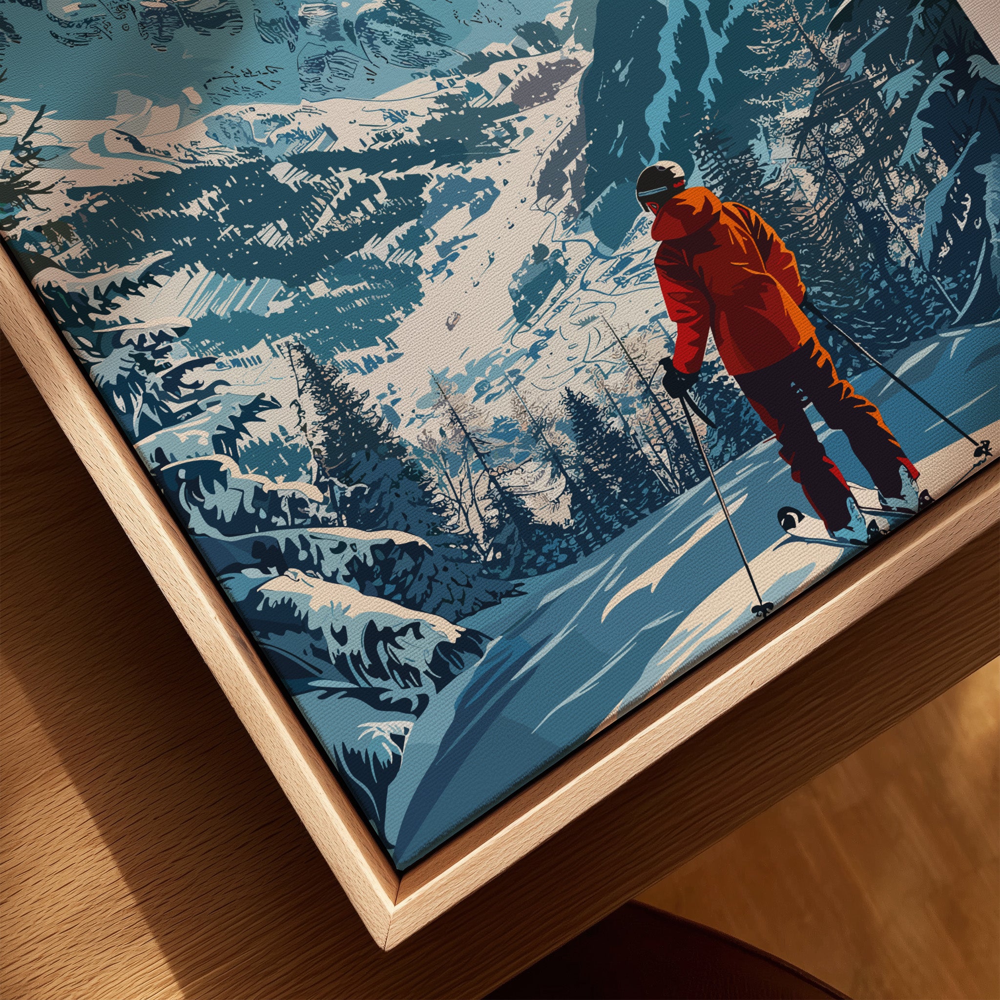 Arosa Travel Poster - Switzerland showcasing a skier in vibrant orange against snowy mountain landscapes.