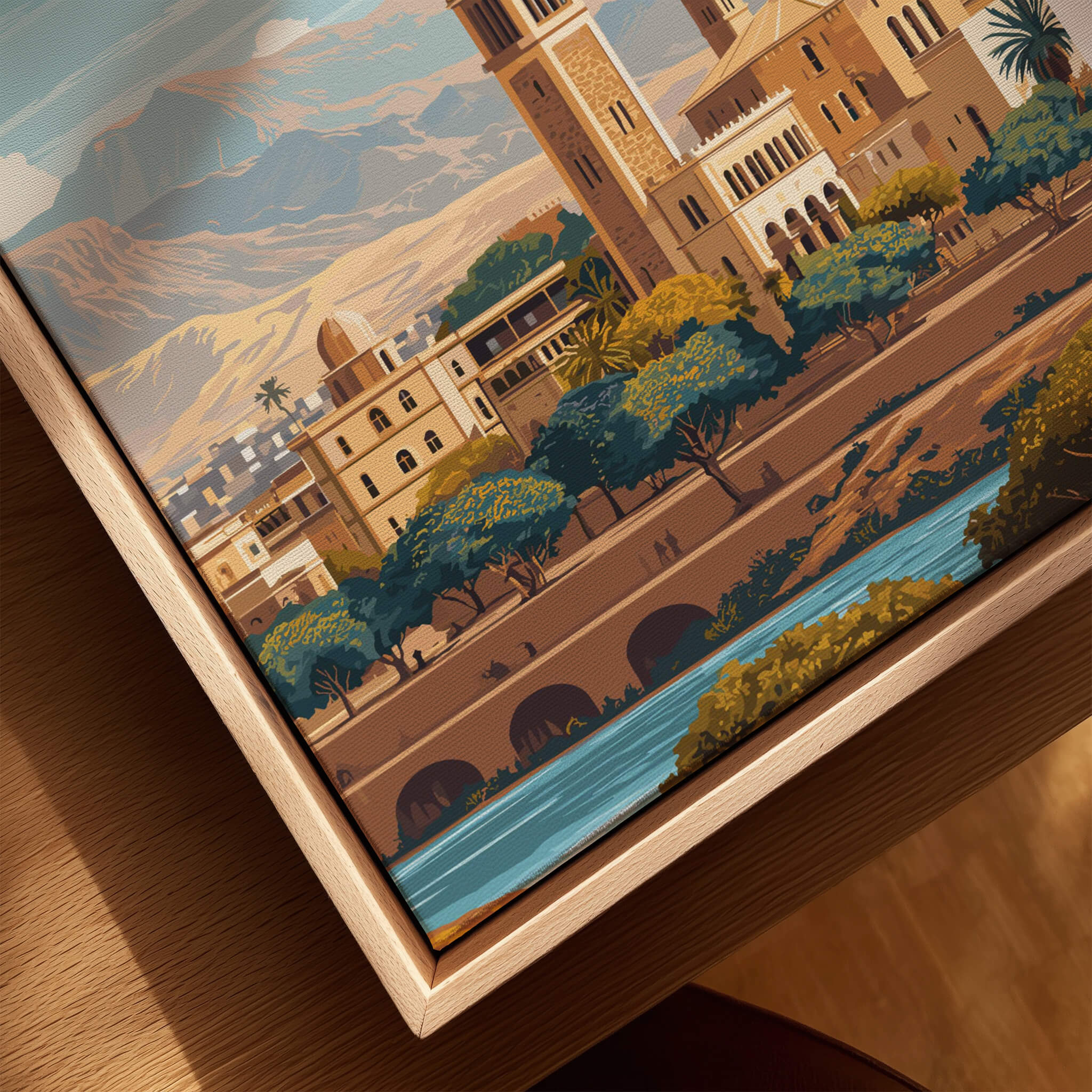 Asmara Travel Poster – Cityscape Skyline and Mountain Landscape Art Print featuring a vibrant design with a river and buildings.
