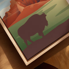 Closeup of framed canvas print with bison silhouette and Badlands landscape wall art