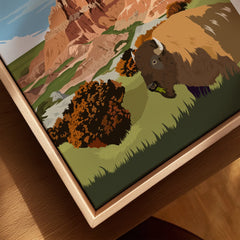 Close-up of Badlands National Park bison wall art in natural wood floating frame