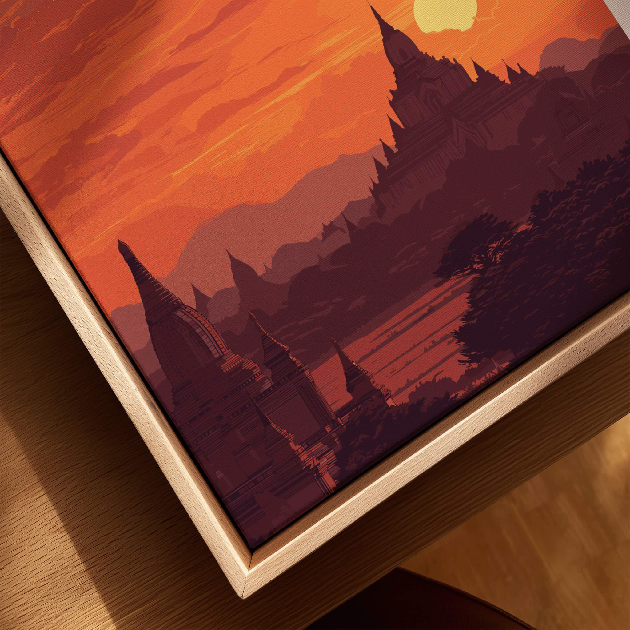 Bagan Travel Poster – Myanmar Ancient Temple Sunset Art featuring ancient pagodas at sunset in Bagan, Myanmar.
