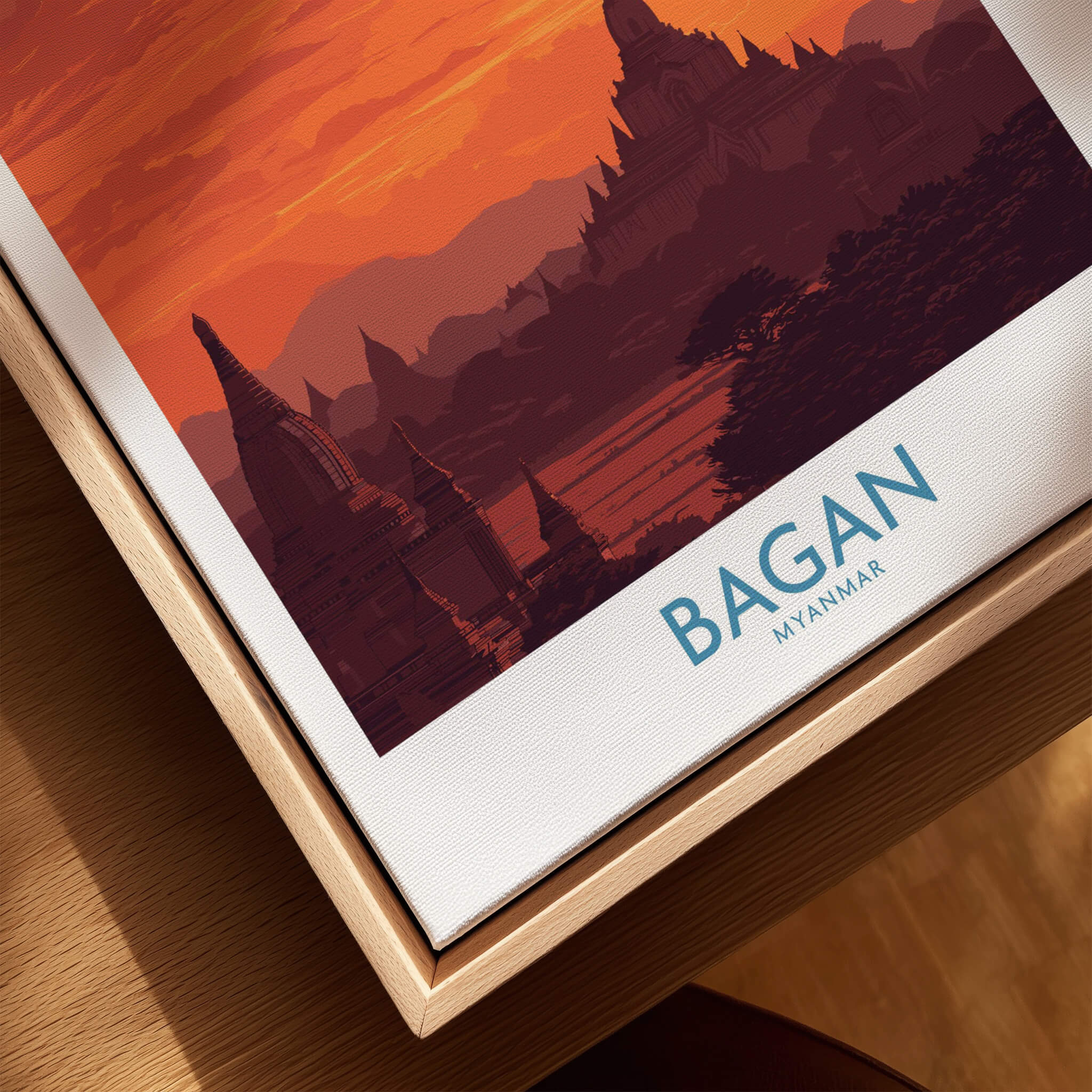 Bagan Myanmar Wall Art – Buddhist Pagoda Skyline Canvas Print showcasing a beautiful landscape of pagodas at sunset.