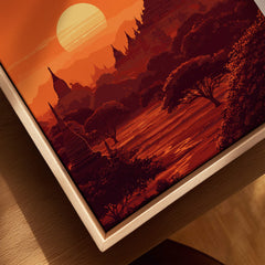 Bagan Travel Poster – Minimalist Temple Wall Art featuring sunset over pagodas and trees in warm colors.