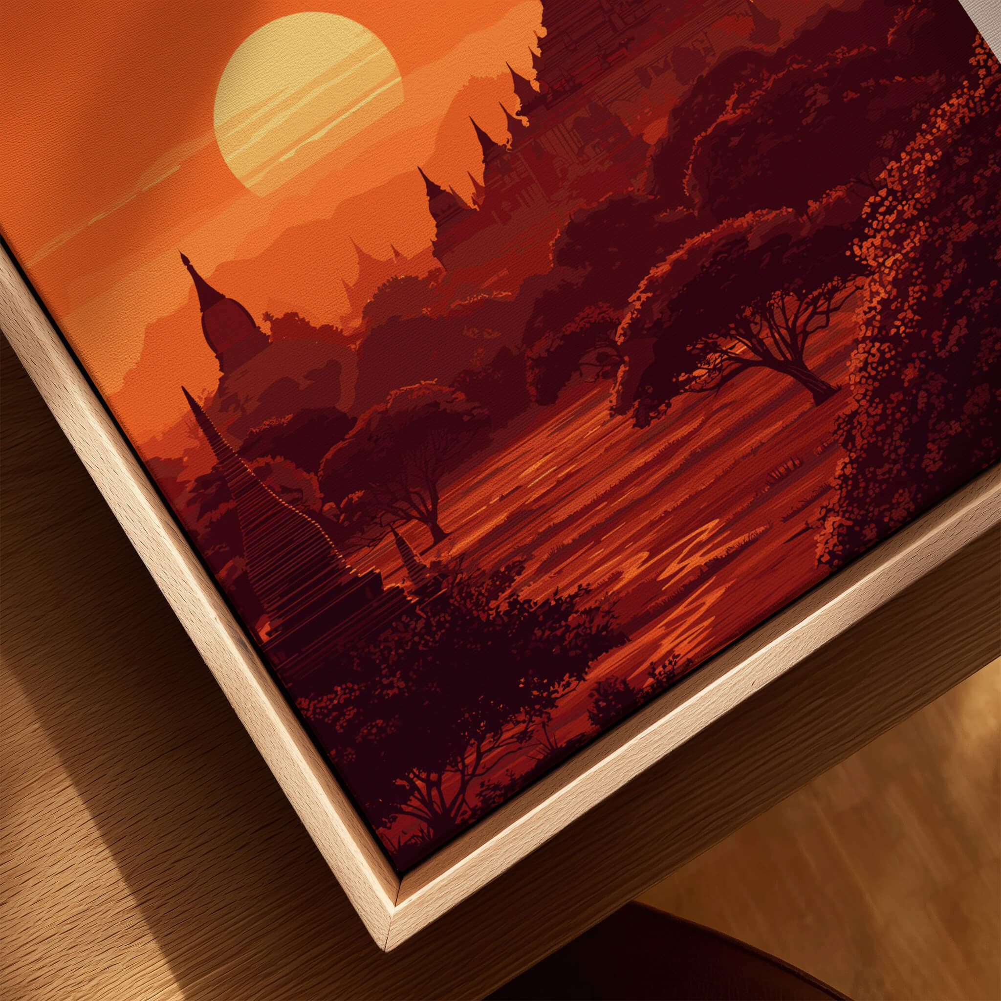 Bagan Travel Poster – Minimalist Temple Wall Art featuring sunset over pagodas and trees in warm colors.