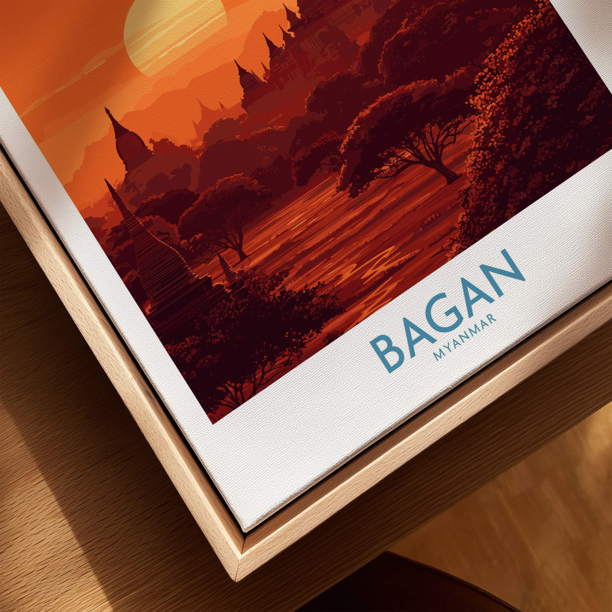 Bagan Myanmar Print – Traditional Pagoda Wall Art featuring a stunning sunset over Bagan's iconic landscape.