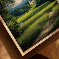 Close-up of framed canvas wall art with natural wood floating frame, featuring a scenic countryside path and distant castle.