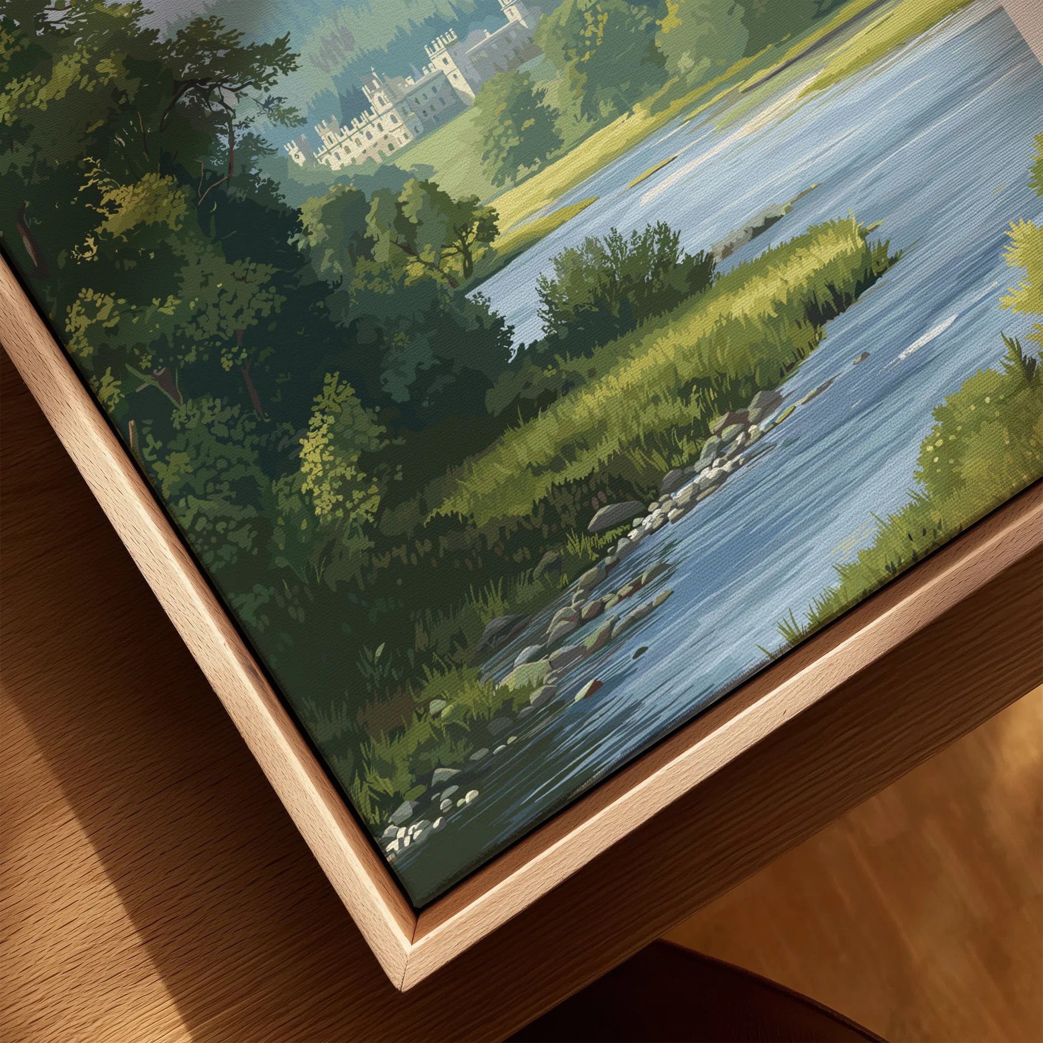 Framed canvas close-up showing a scenic river landscape with trees and distant architecture