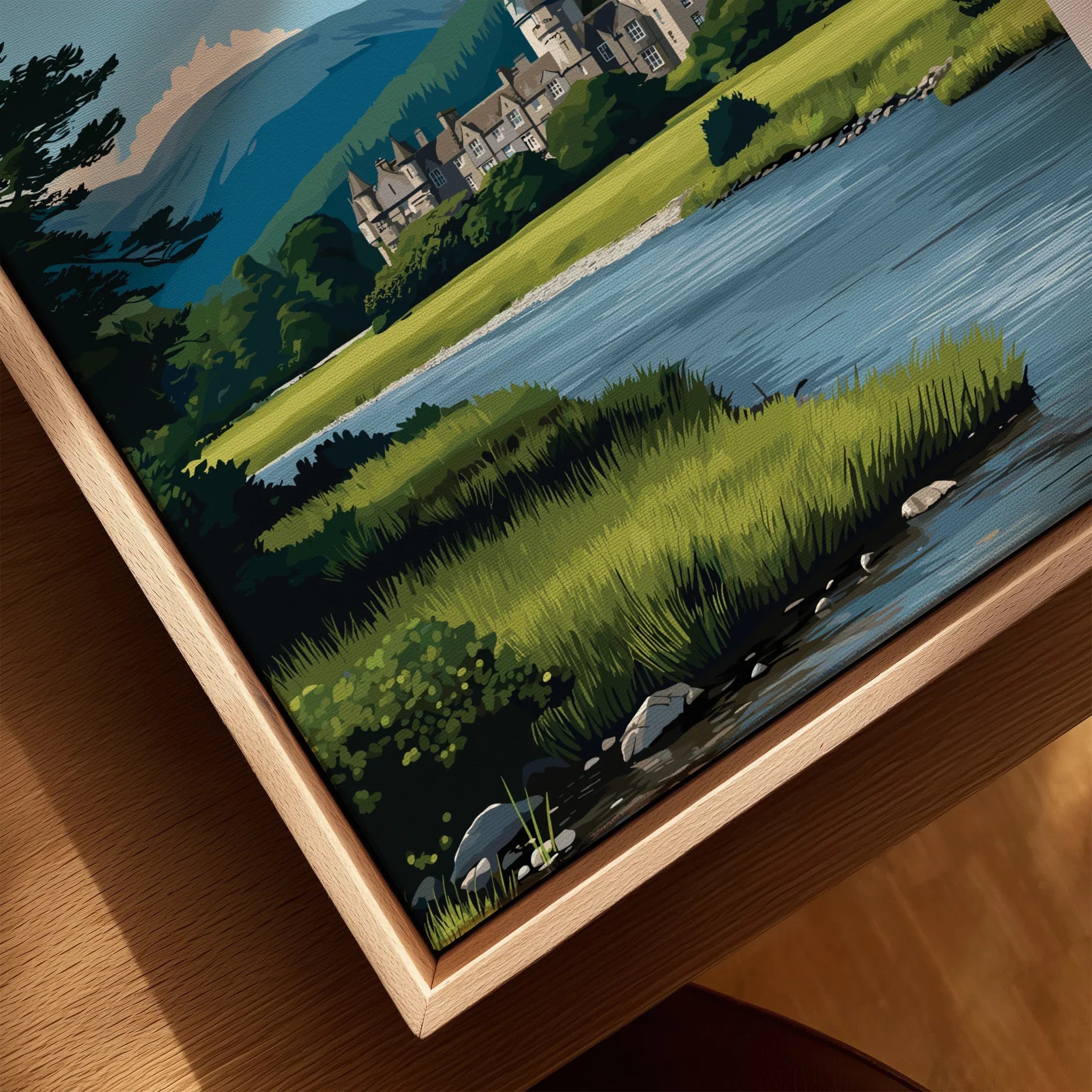 Close-up of framed canvas wall art with natural wood frame, featuring a scenic landscape print.