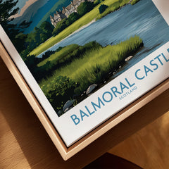 Close-up of Balmoral Castle travel poster in natural wood floating frame, canvas print