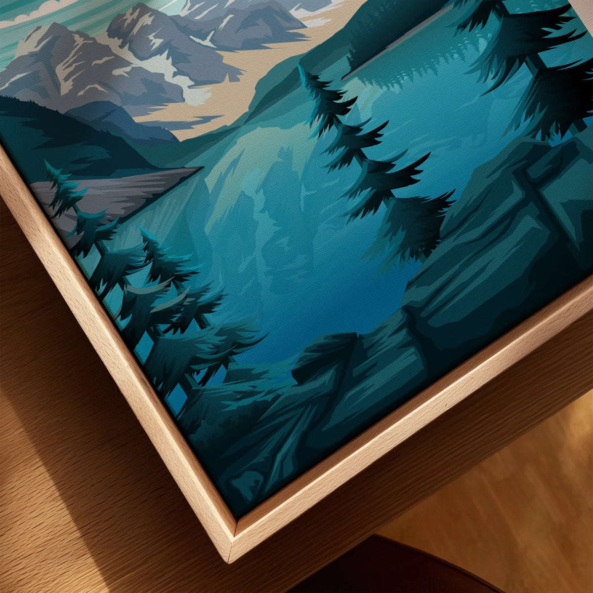 Closeup of framed canvas wall art with mountain landscape and pine trees in natural wood float frame