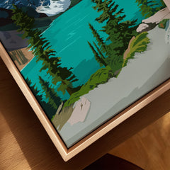 Closeup of Banff National Park art print with pine trees and turquoise lake in natural wood floating frame