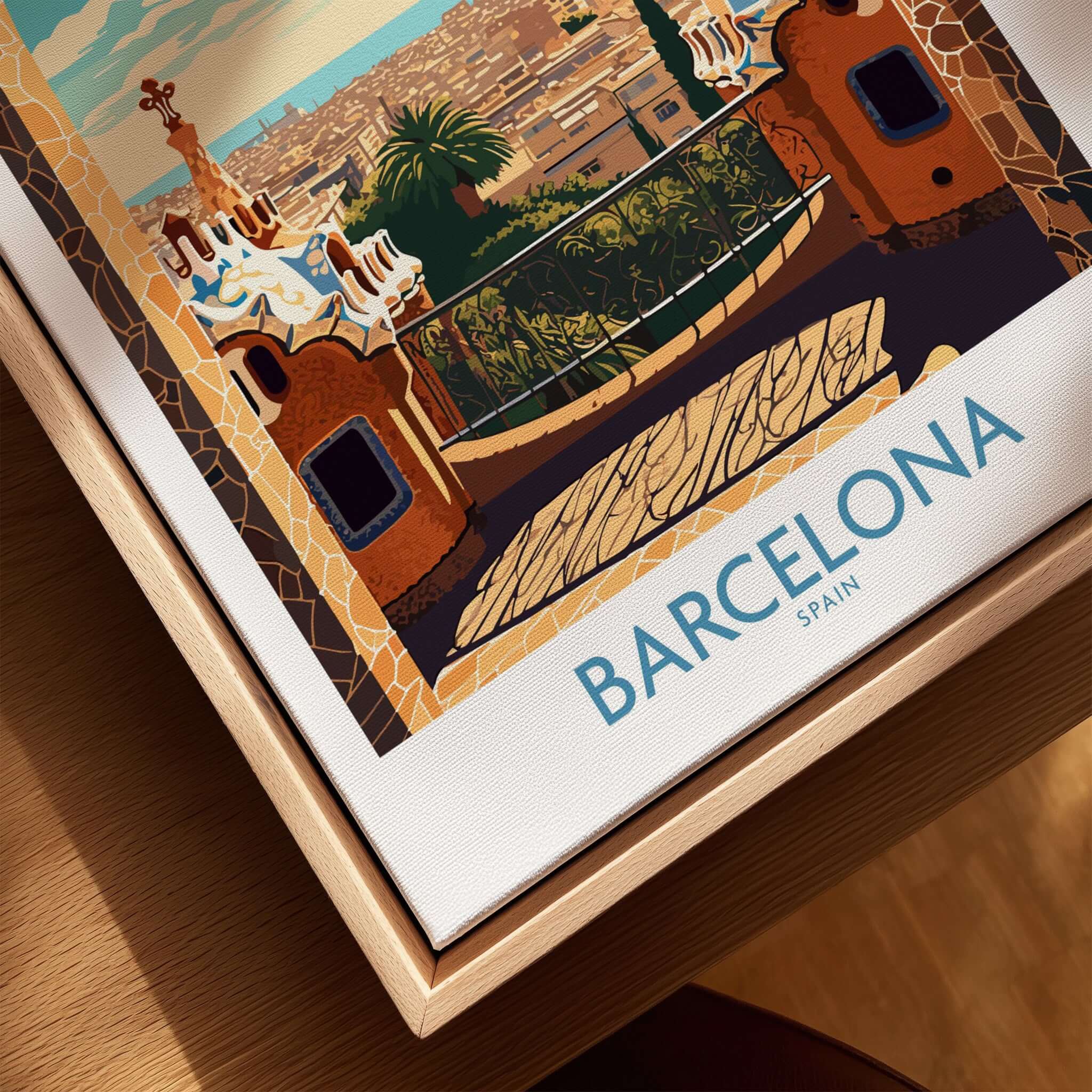Barcelona Wall Art | Modern Style travel poster featuring vibrant colors and iconic architecture of Barcelona, Spain.
