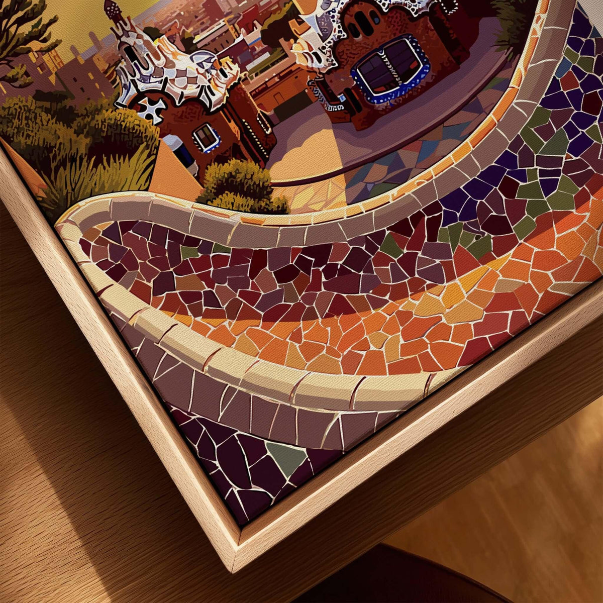 Barcelona Travel Poster Print featuring vibrant mosaics and colorful architecture in a stunning design.