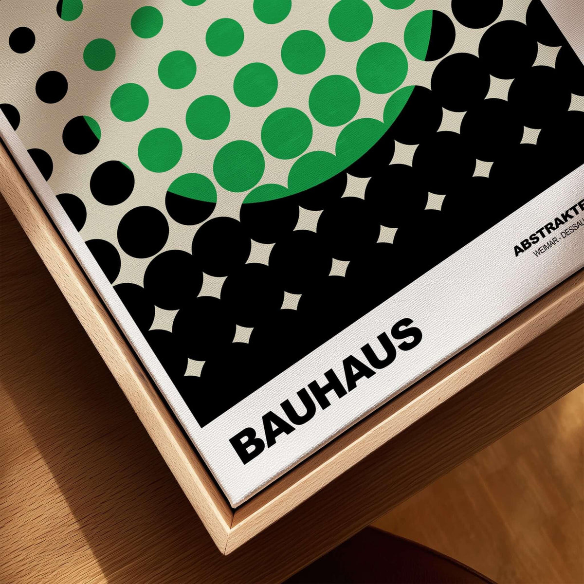 Bauhaus Exhibition Prints - Abstract Circle Pattern Art Print Green Black Dot Gradient displayed on a wooden frame.