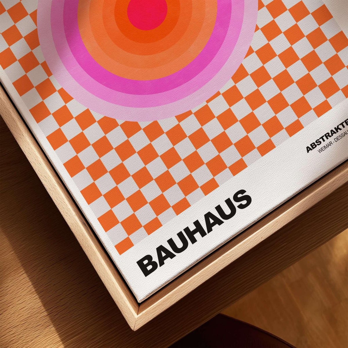 Bauhaus Exhibition Prints - Pink Circles Poster Orange Checkerboard Art featuring vibrant concentric circles and checkerboard design.