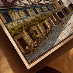 Beaune Travel Poster – Hospices de Beaune Architecture and Courtyard Art featuring intricate courtyard details and seating.