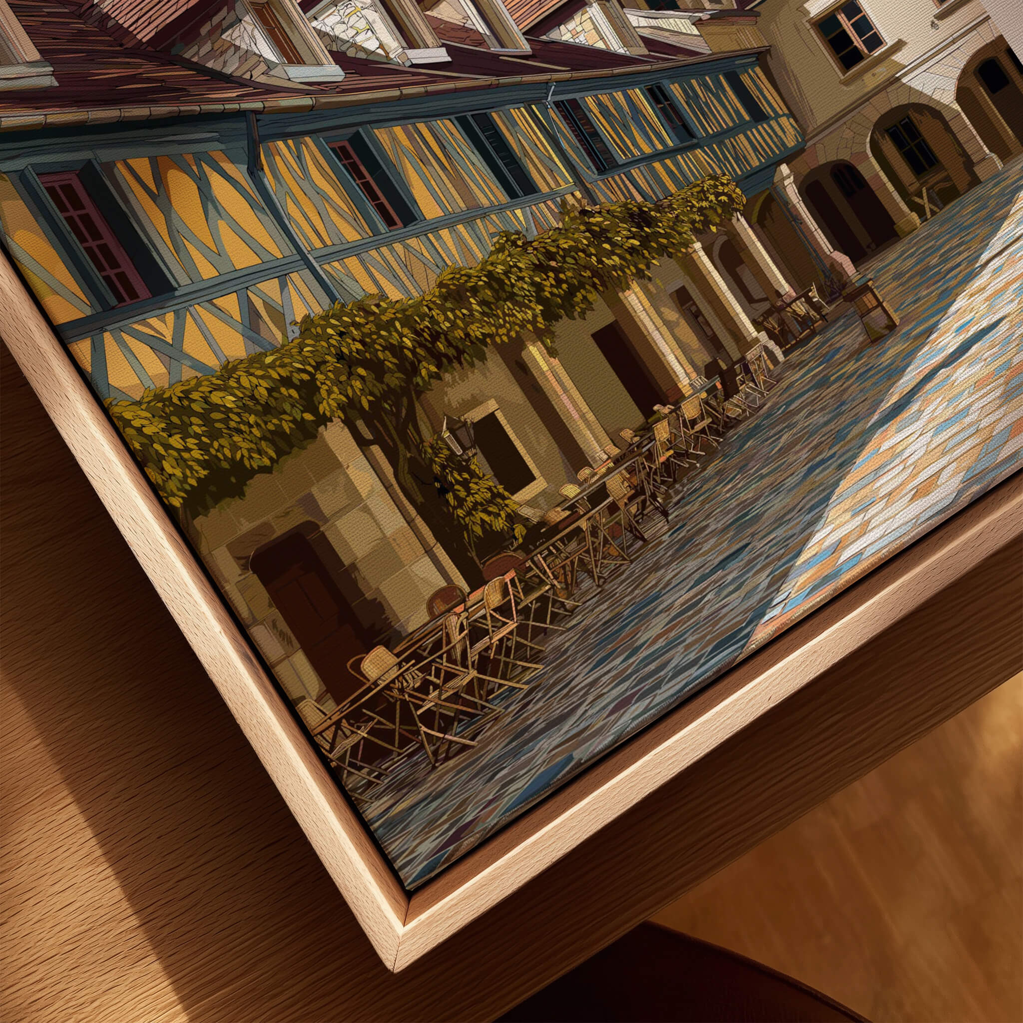 Beaune Travel Poster – Hospices de Beaune Architecture and Courtyard Art featuring intricate courtyard details and seating.