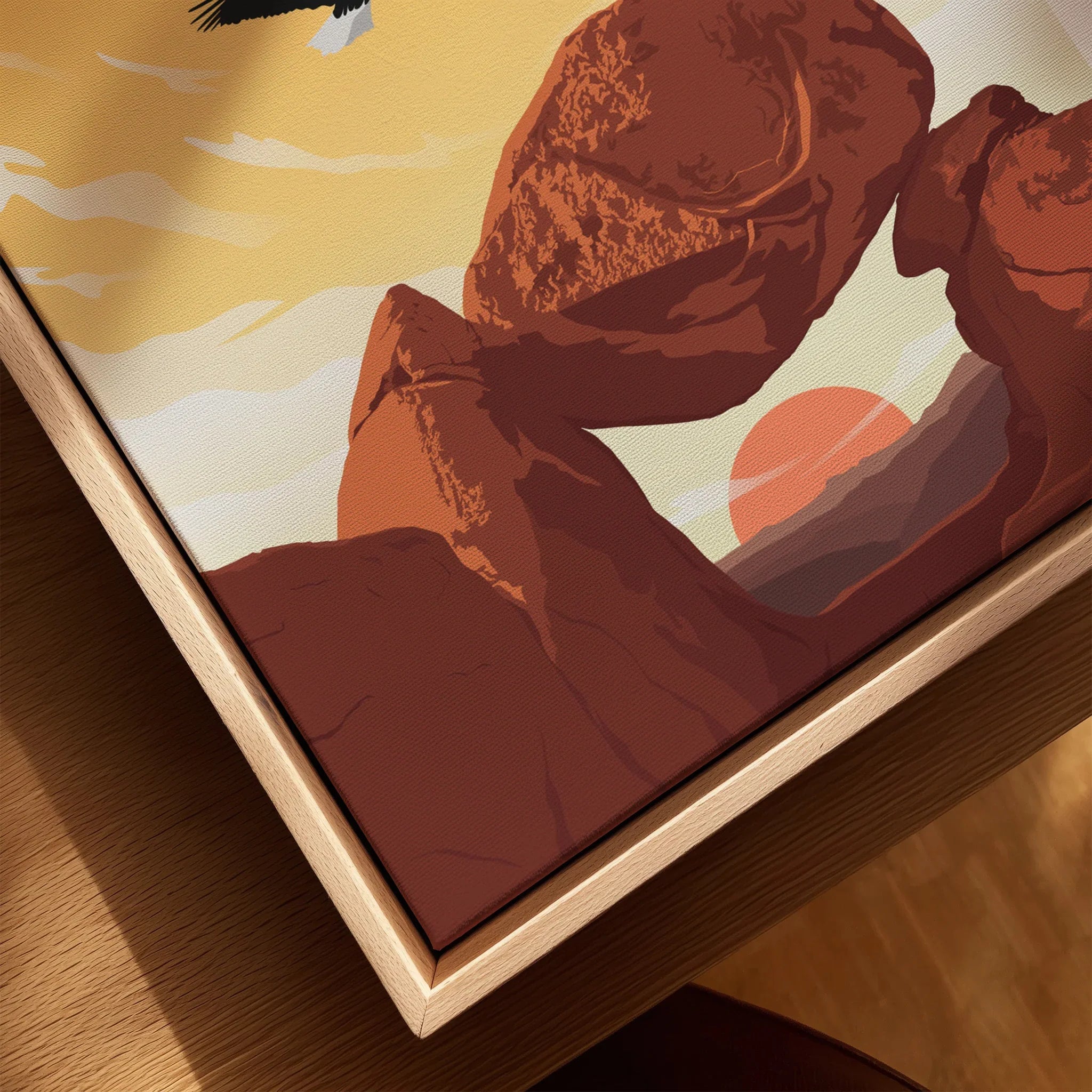 Framed canvas print closeup of desert rock formation and sunset, natural wood frame.