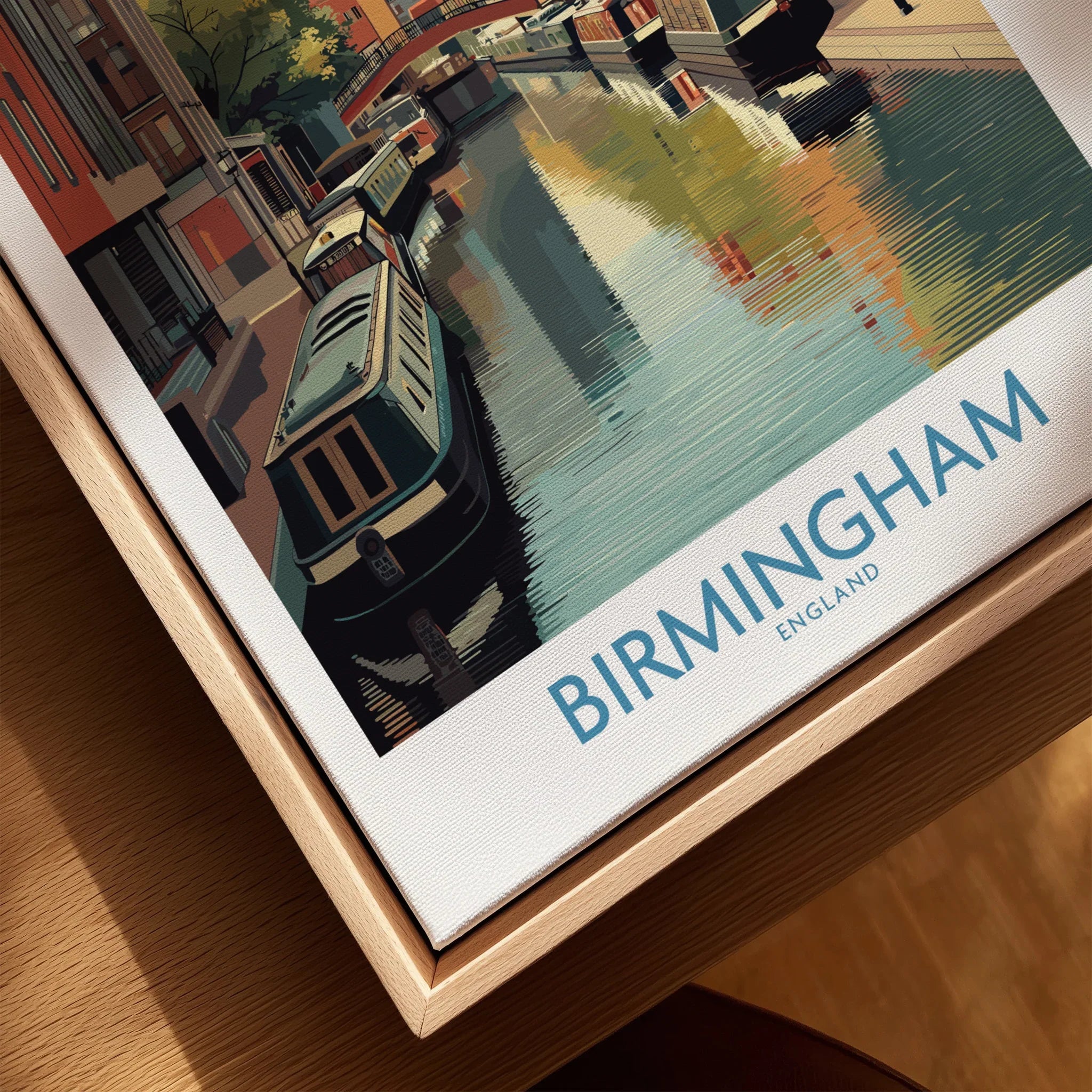 Birmingham England canal travel poster in natural wood floating frame, city wall art