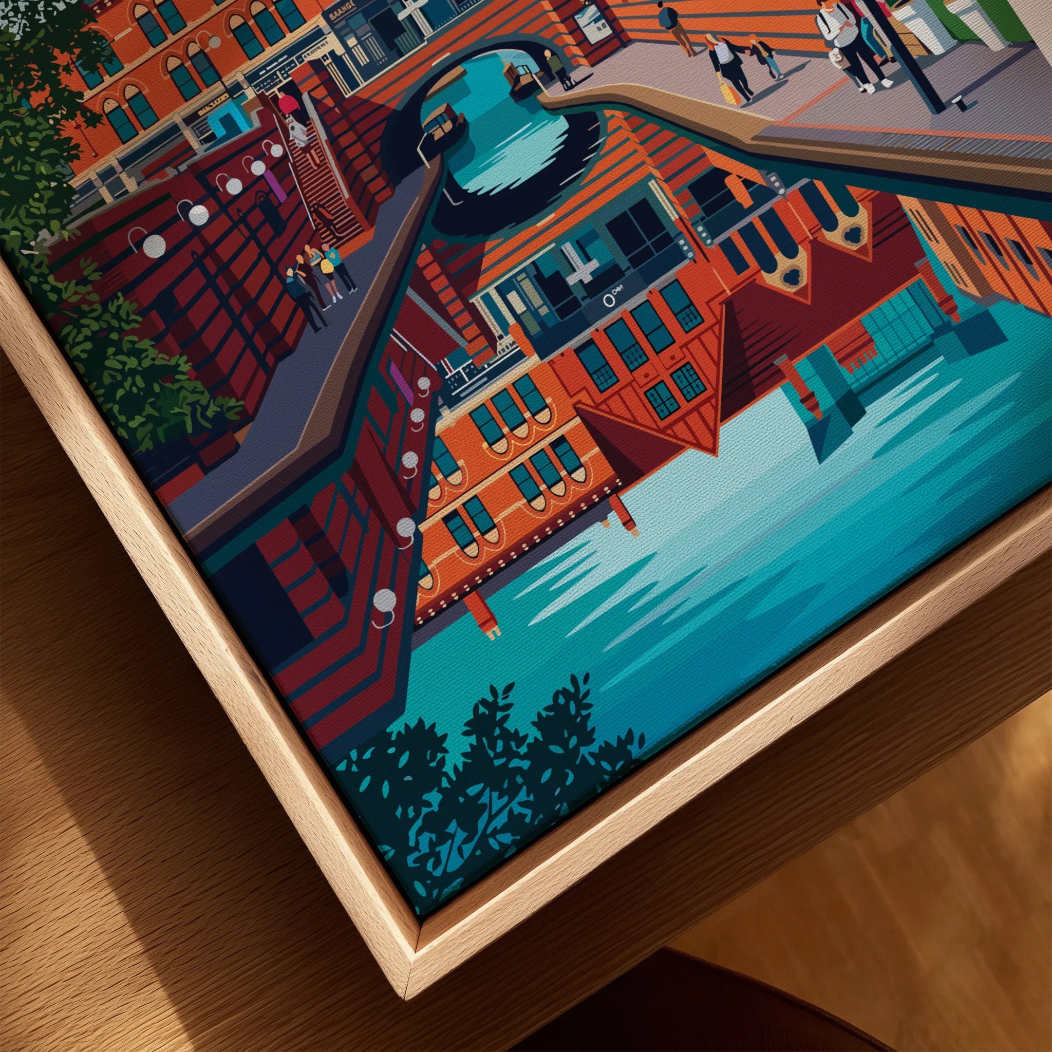 Closeup of Birmingham cityscape wall art in natural wood floating frame, vibrant canal scene