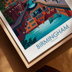 Close-up of Birmingham city skyline travel poster in natural wood floating frame