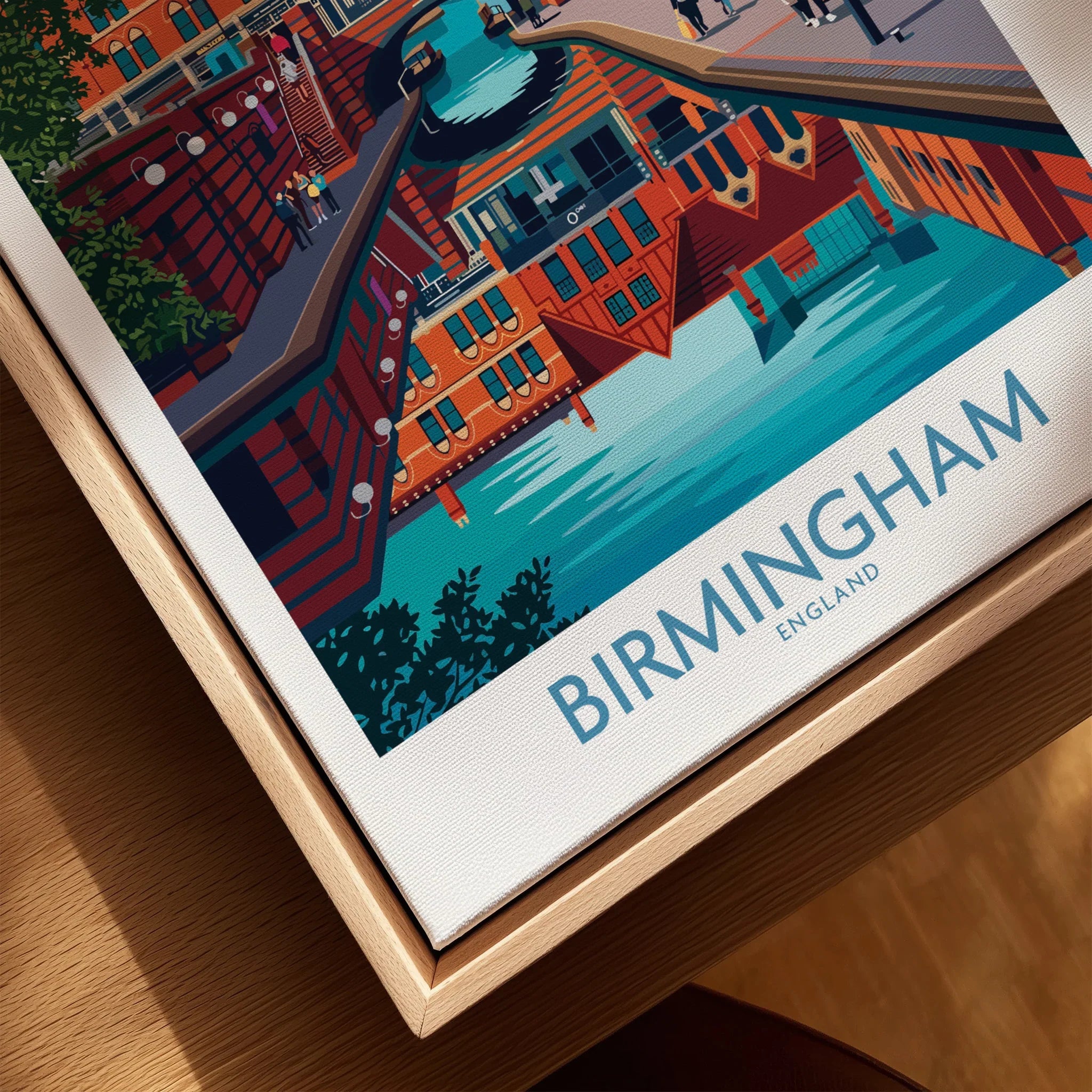 Close-up of Birmingham city skyline travel poster in natural wood floating frame