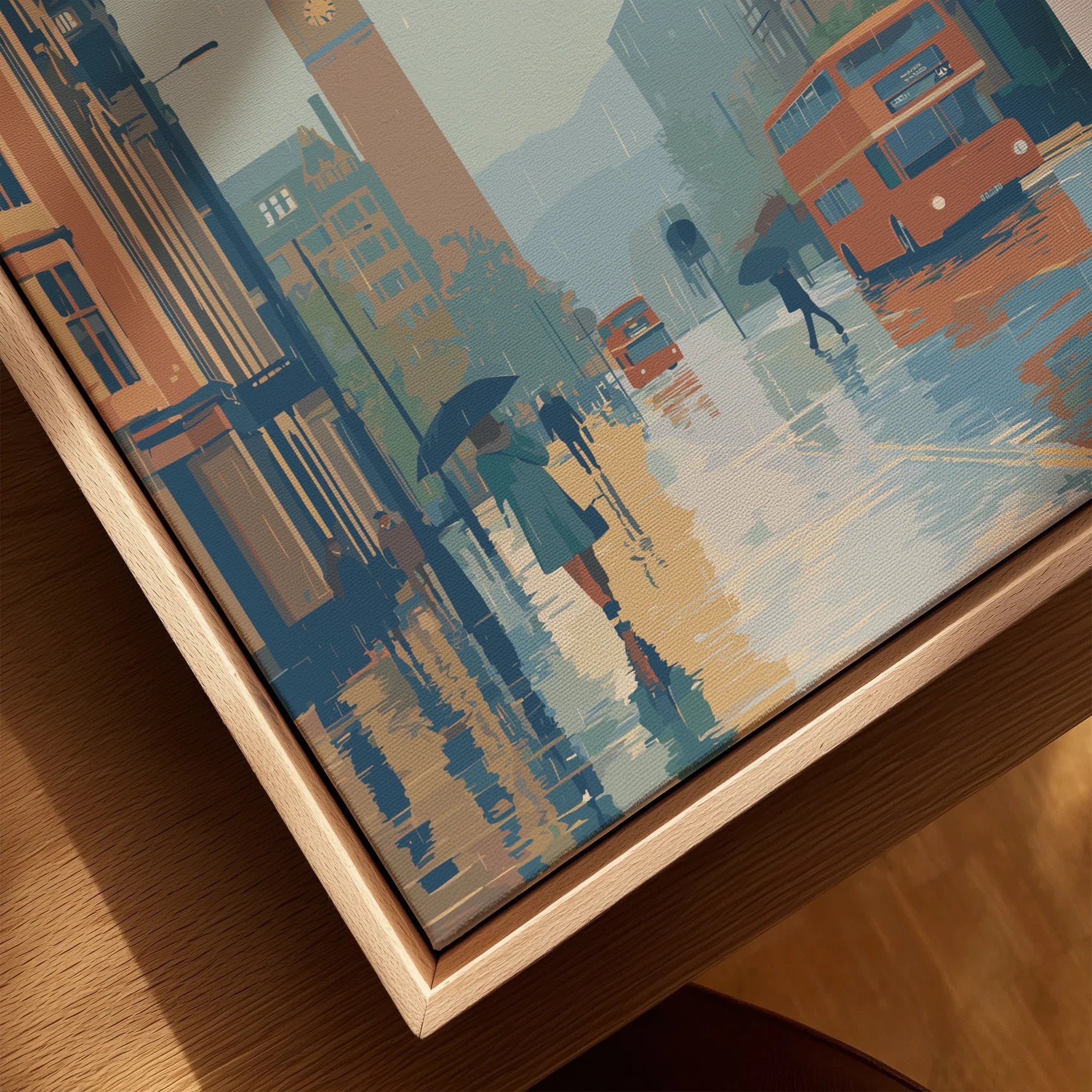 Framed cityscape canvas art with rainy street, double-decker buses, and pedestrians with umbrellas
