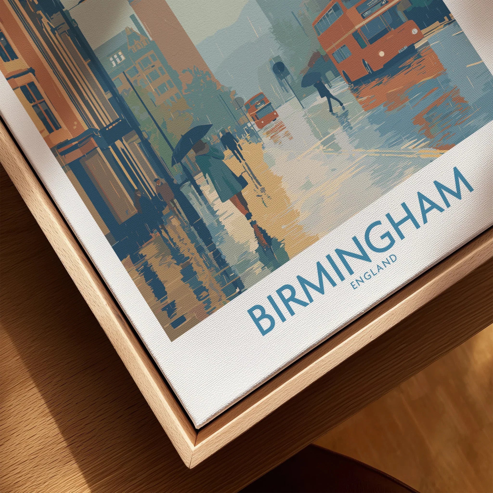 Framed Birmingham city wall art print with rainy street and double-decker buses