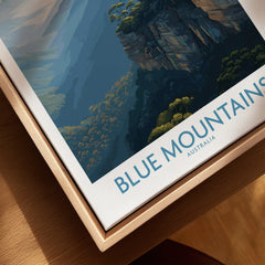 Closeup of Blue Mountains Australia travel poster in natural wood floating frame