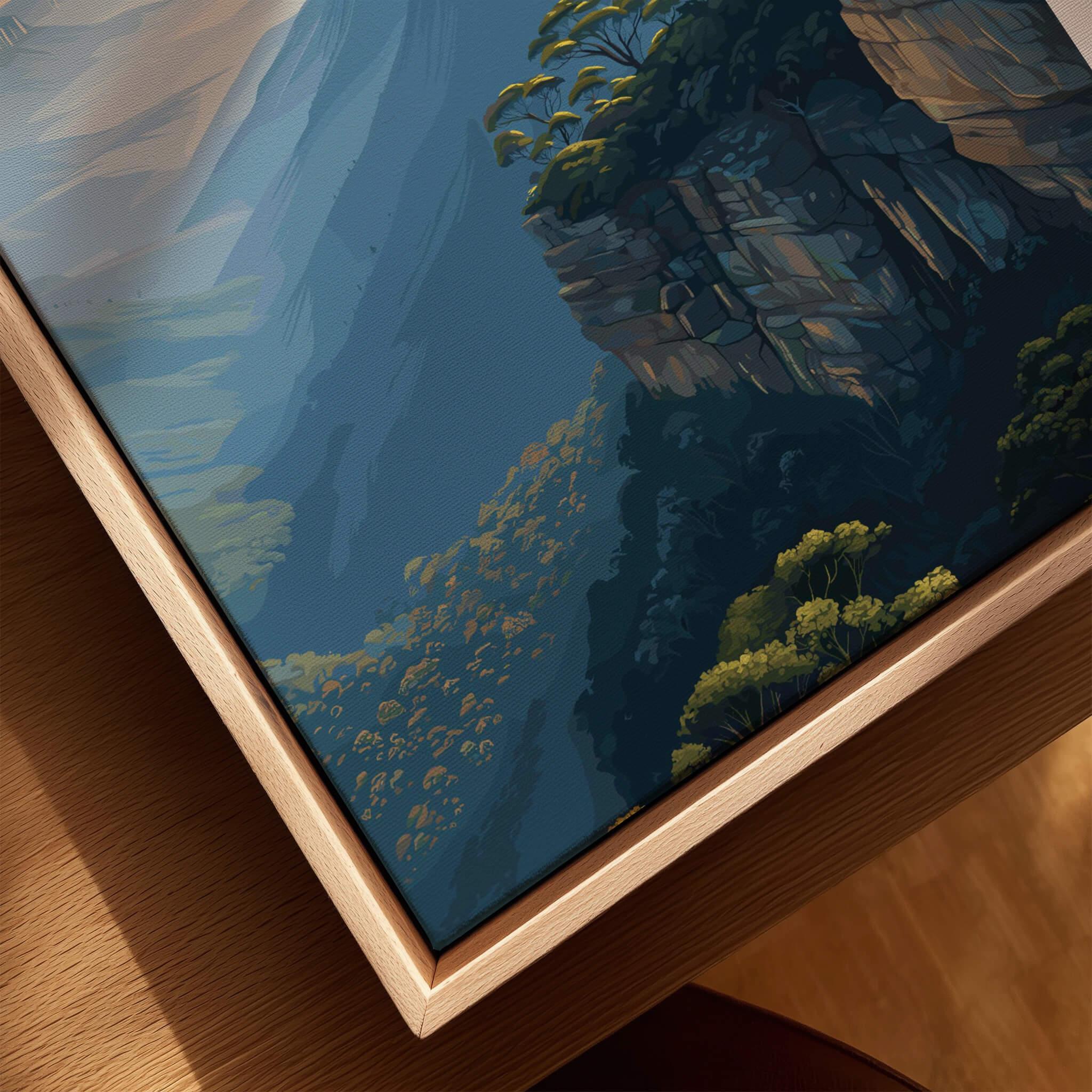 Close-up of blue mountains landscape canvas print in natural wood floating frame