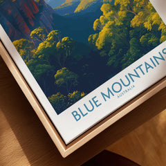 Close-up of Blue Mountains Australia canvas art print in natural wood floating frame