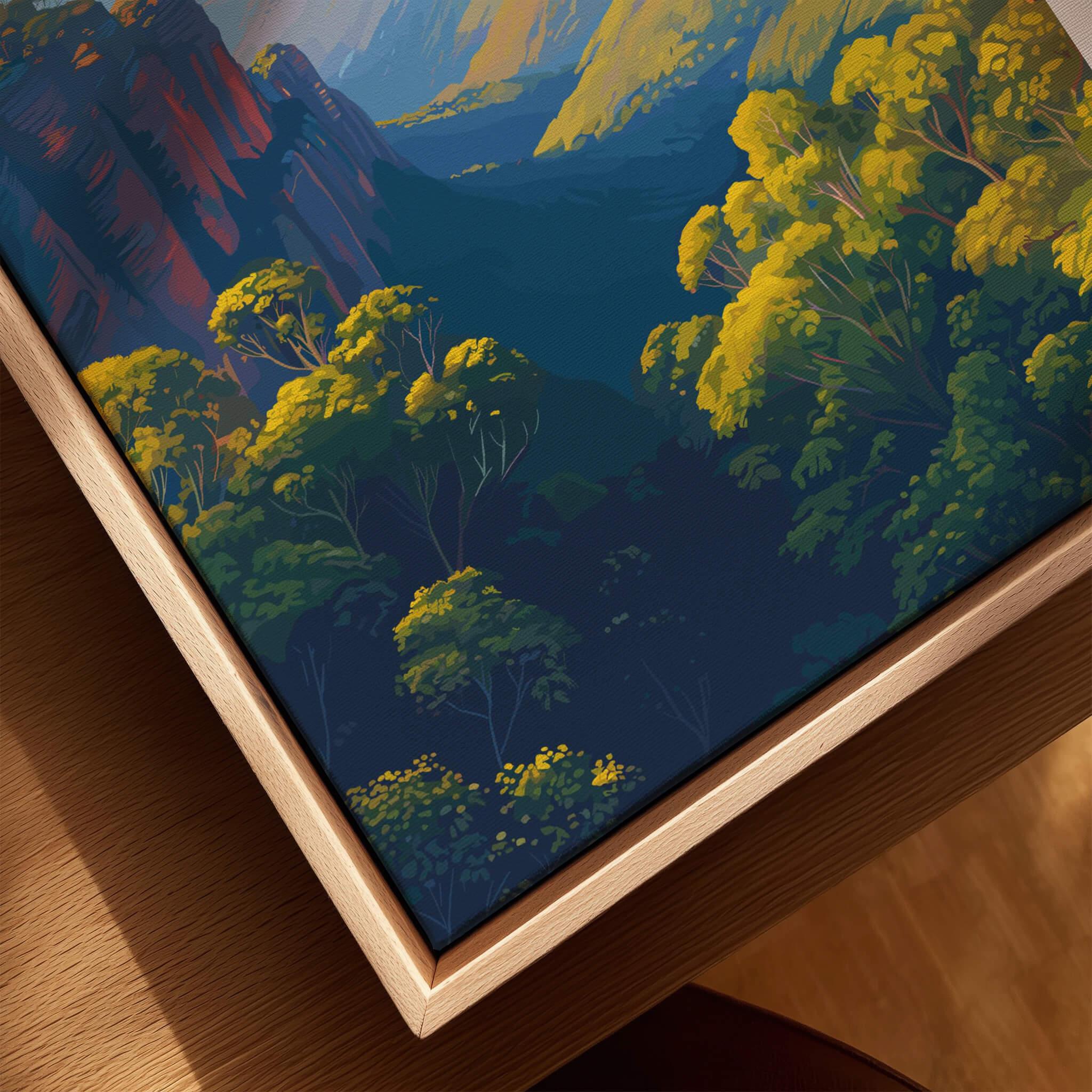 Closeup of Blue Mountains art print with vibrant foliage in a natural wood floating frame
