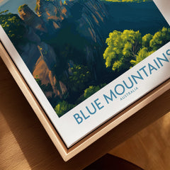 Blue Mountains Australia travel poster in natural wood floating frame, close-up view