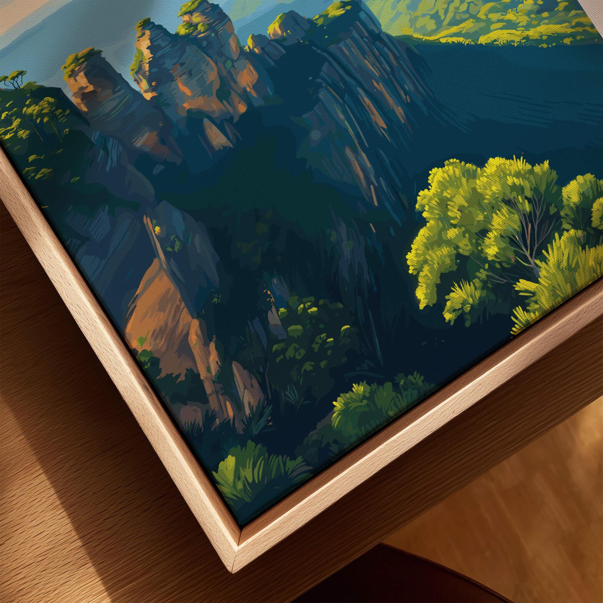 Framed canvas print of Blue Mountains landscape with cliffs and trees, natural wood frame