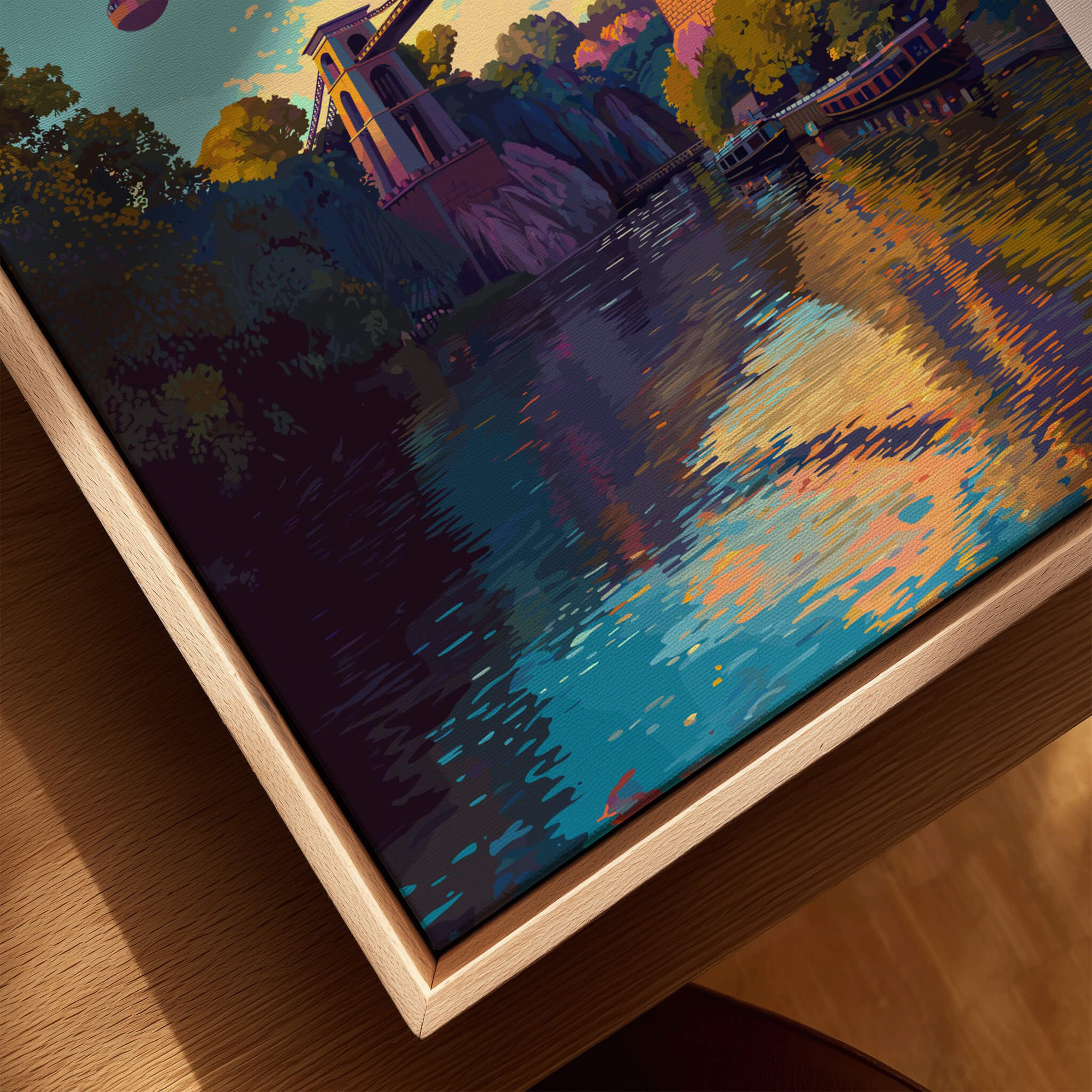 Bristol Travel Poster – Clifton Suspension Bridge and Hot Air Balloons Art featuring a colorful landscape with water.