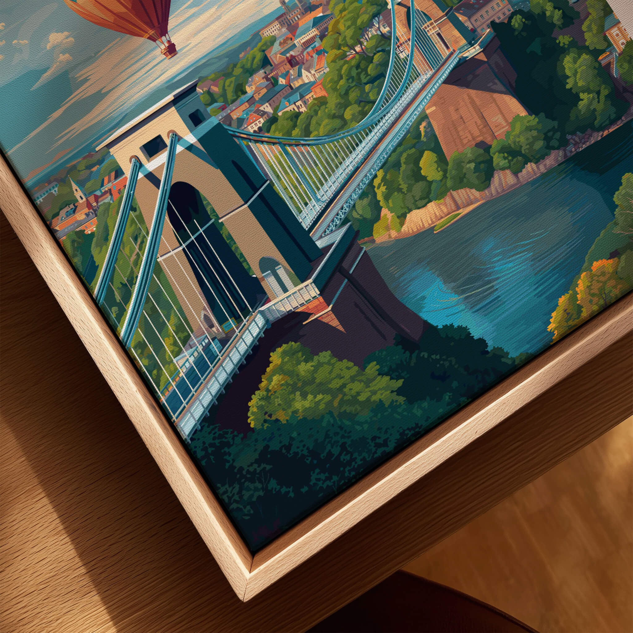 Bristol Travel Poster – Cityscape and Clifton Suspension Bridge Print featuring the iconic bridge and vibrant cityscape.