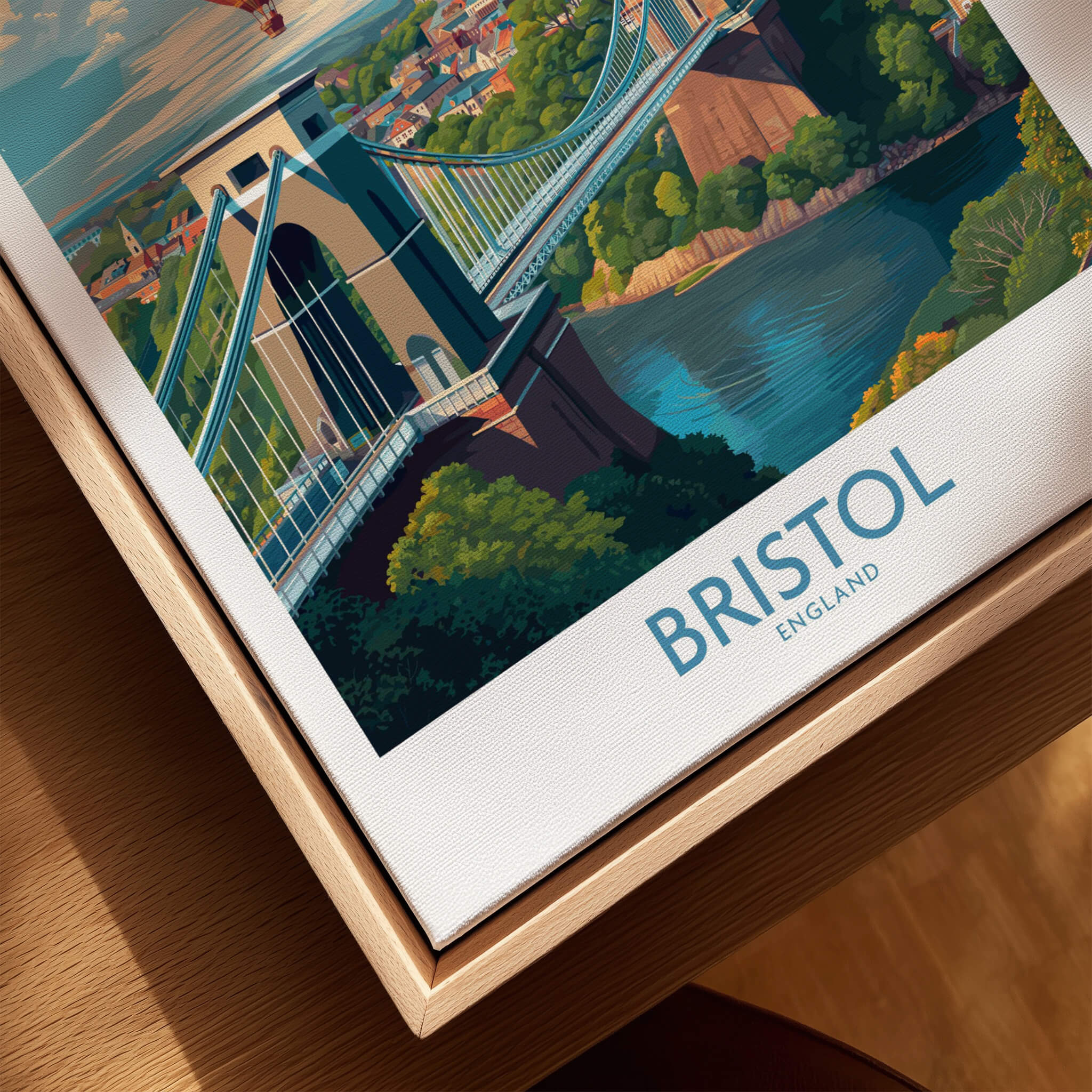 Bristol England Print – Hot Air Balloons Over Historic City Wall Art featuring the iconic Clifton Suspension Bridge.