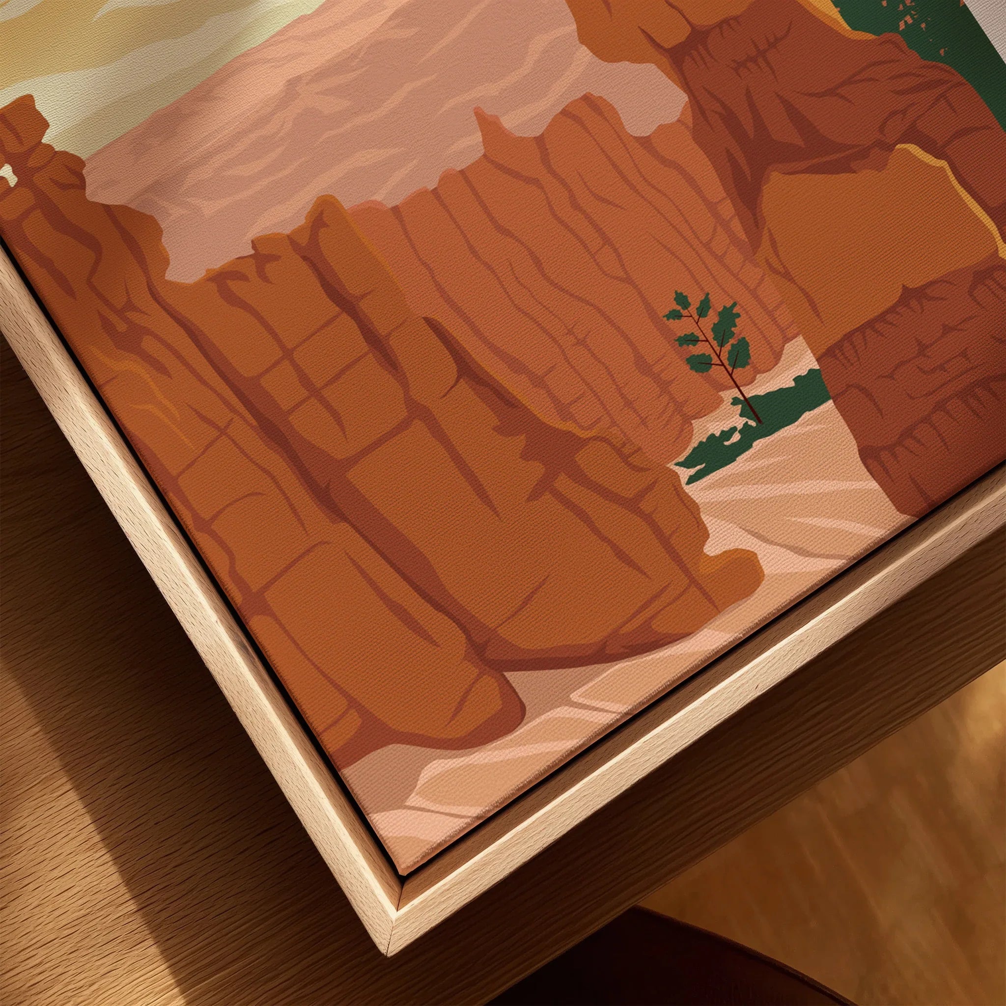 Closeup of Bryce Canyon National Park art print with natural wood floating frame