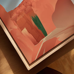 Close-up of Bryce Canyon National Park print on framed canvas with natural wood floating frame