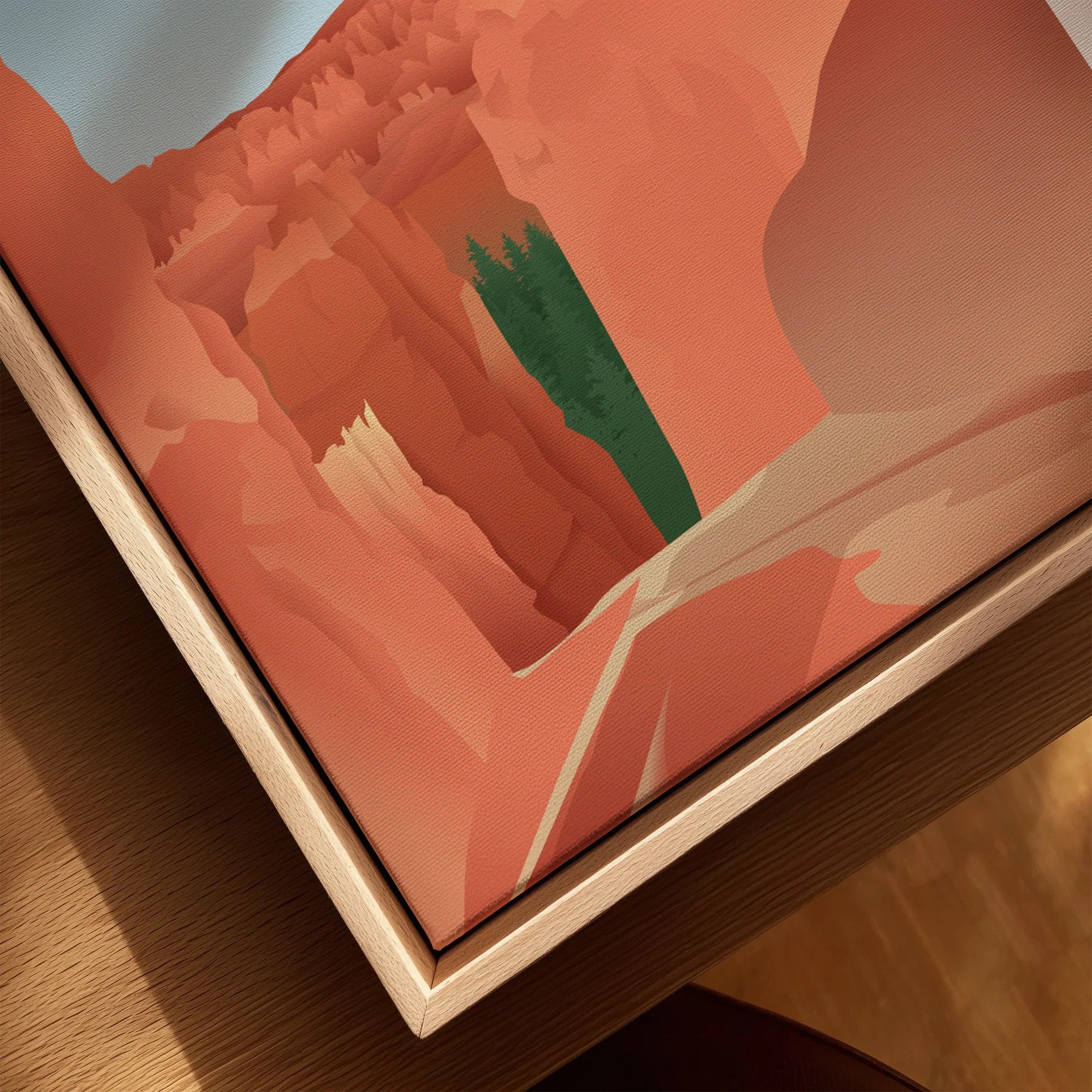Close-up of Bryce Canyon National Park print on framed canvas with natural wood floating frame