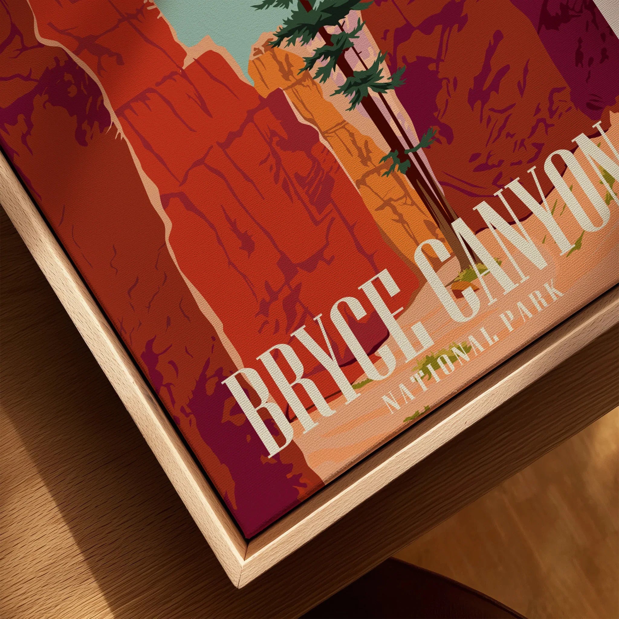 Closeup of Bryce Canyon National Park print in natural wood floating frame, travel wall art