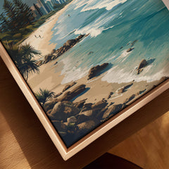 Burleigh Heads Australia Poster – Gold Coast Skyline & Iconic Surf Beach Wall Art with waves and rocks.