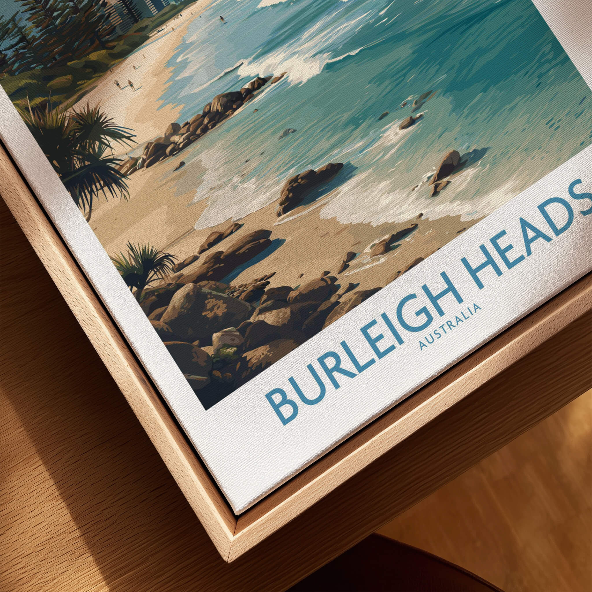 Burleigh Heads Travel Poster - Canvas Print showcasing the beautiful Gold Coast beach and colorful coastal landscape.