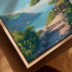 Closeup of framed canvas wall art with coastal landscape, natural wood floating frame