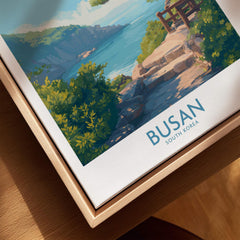Busan South Korea travel poster closeup in natural wood floating frame, coastal wall art