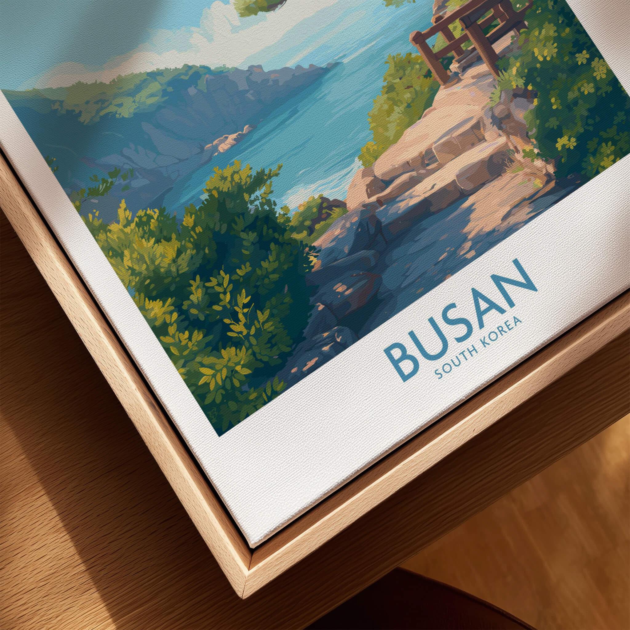 Busan South Korea travel poster closeup in natural wood floating frame, coastal wall art